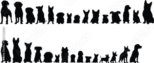  A diverse collection of black dog silhouettes, a detailed vector graphic of different breeds and sizes in various standing and sitting poses, isolated on a white background.