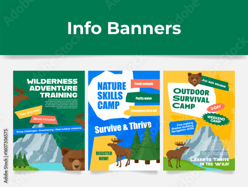 Vibrant survival camp information banner templates designed to attract outdoor enthusiasts to wilderness training.