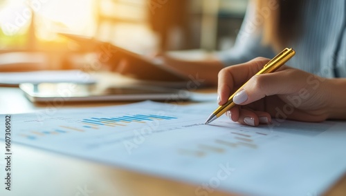 Close-up of a person reviewing financial documents.  A hand holds a pen over charts and graphs.  Blurred background suggests a workspace