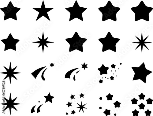 Celestial Starburst Vectors: Sparkle & Shine. A collection of stylish star icons, perfect for adding a celestial touch to your designs. Includes shooting stars and bursts.