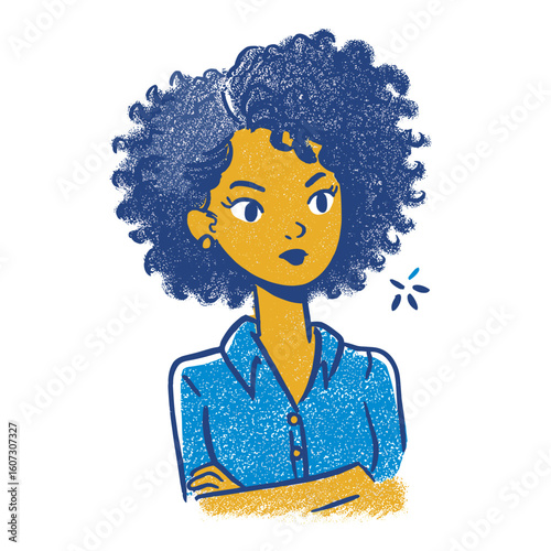 African American woman with curly hair crossing arms and looking serious  
