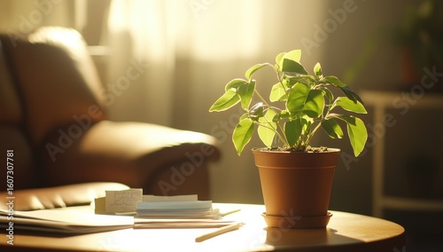 Sunlight streams onto a small plant on a table