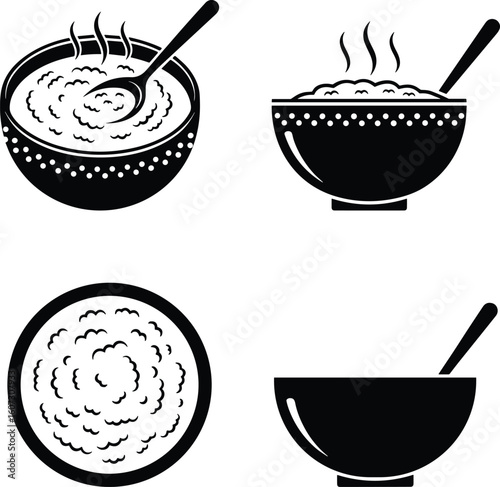 Four stylized black and white illustrations of steaming bowls of porridge or oatmeal with spoons