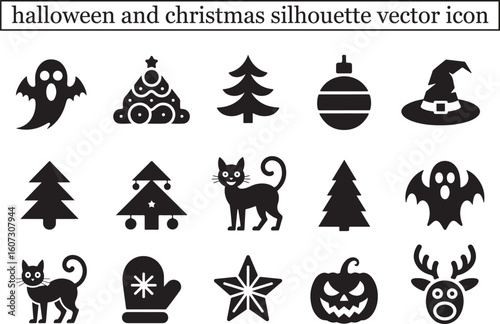 Halloween and Christmas Silhouette Icon Set – Ghosts, Trees, Cats, Pumpkins and Holiday Elements.