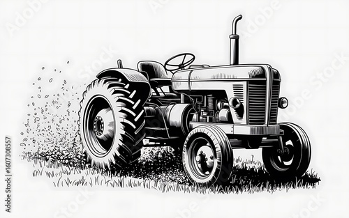 Vintage Tractor Illustration A Black and White Depiction of Classic Farm Machinery Tilling the Land Agriculture and Farming