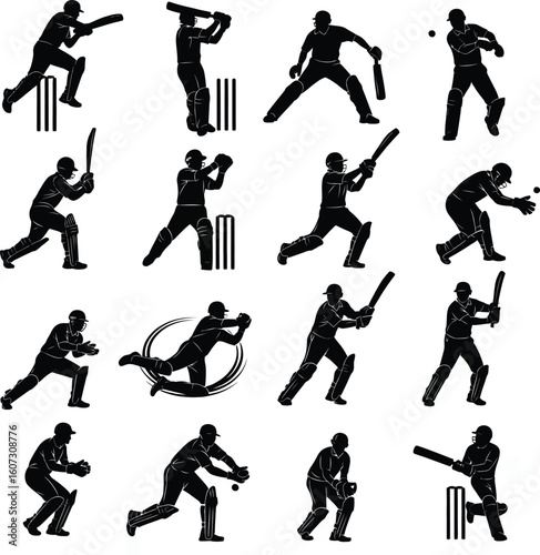 Cricket Player Silhouettes Collection: Batting, Bowling, Fielding