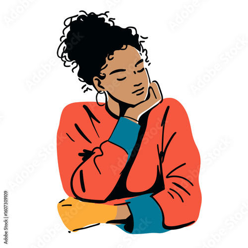 Thoughtful African American woman resting chin on hand in colorful sweater  