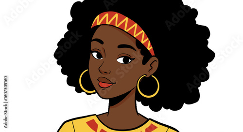African American woman with curly hair wearing traditional attire  