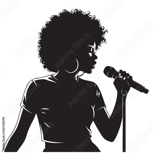 Silhouette of a woman singing into a microphone with afro hairstyle, vector illustration