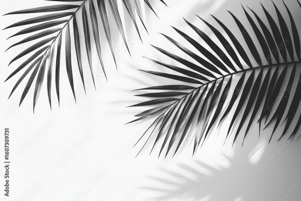 Fototapeta premium Silhouette of palm fronds against a white background, casting shadows