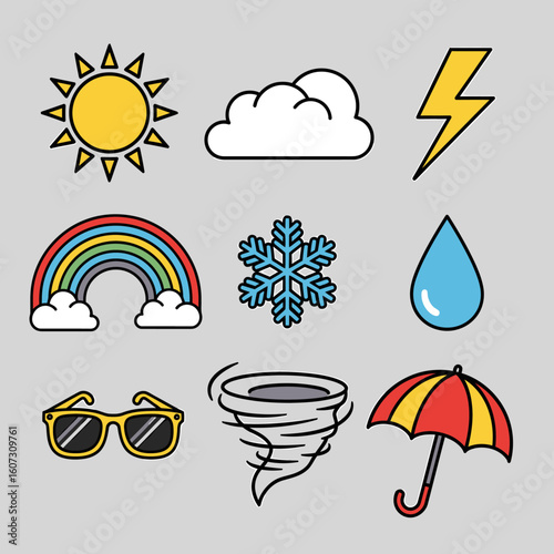 Colorful Weather Icons Depicting Sun, Rain, Snow, and Stormy Conditions.
