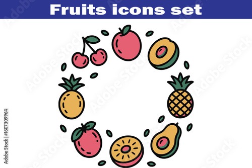 Fruits web line icons. Vegetables and berries. Editable stroke. Vector illustration