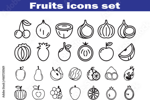 Fruits web line icons. Vegetables and berries. Editable stroke. Vector illustration