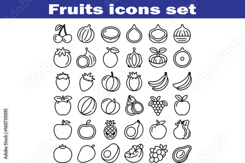 Fruits web line icons. Vegetables and berries. Editable stroke. Vector illustration