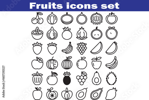 Fruits web line icons. Vegetables and berries. Editable stroke. Vector illustration