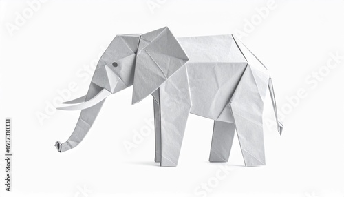 A detailed origami elephant crafted from white paper, showcasing sharp folds and geometric shapes against a plain white background.