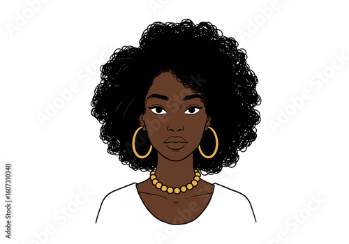 African American woman with curly hair wearing jewelry and looking serious - Concept of Hand drawn flat vector illustration of an african american woman  