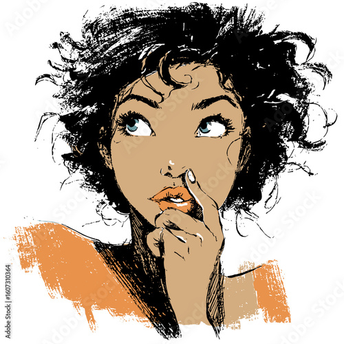 African American woman thoughtfully looking up and touching her chin  