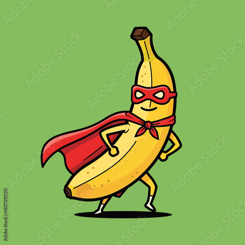 Super Banana in Red Cape and Mask, Cartoon Illustration