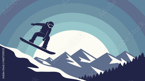Silhouette of a snowboarder performing a jump with mountains and a gradient sky in the background