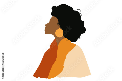 African American woman in profile with curly hair and scarf  