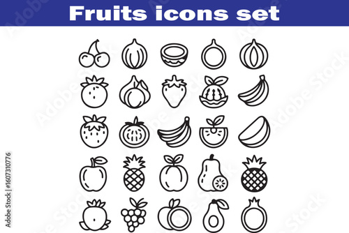 Fruits web line icons. Vegetables and berries. Editable stroke. Vector illustration