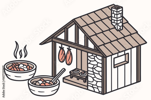 Traditional escudella being served in a rustic wooden lodge, steam rising from bowls, cured meats hanging overhead, and a roaring fireplace, modern flat illustration style