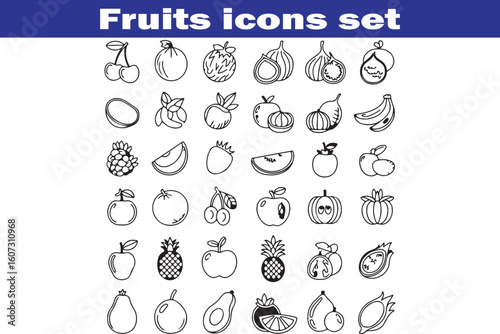 Fruits web line icons. Vegetables and berries. Editable stroke. Vector illustration