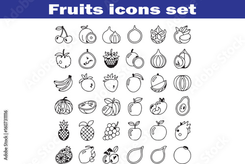 Fruits web line icons. Vegetables and berries. Editable stroke. Vector illustration