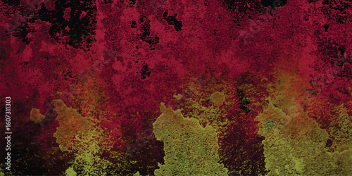 Abstract textured background featuring a gradient of red yellow and black hues with rough irregular blotches and grungy aesthetic appeal