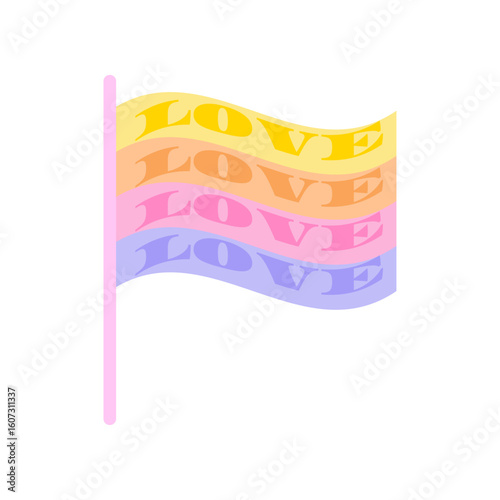 Rainbow pride flag waving in the wind, with inscription: LOVE. Hand drawn LGBTQ+ simple vector illustration in flat style and soft pastel colors, icon