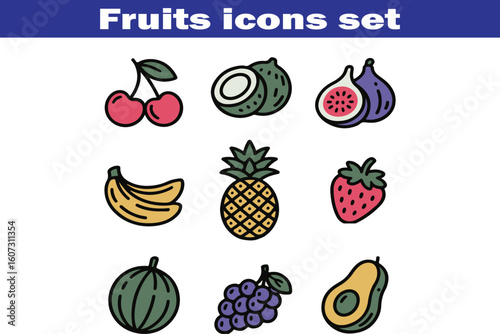 Fruits web line icons. Vegetables and berries. Editable stroke. Vector illustration