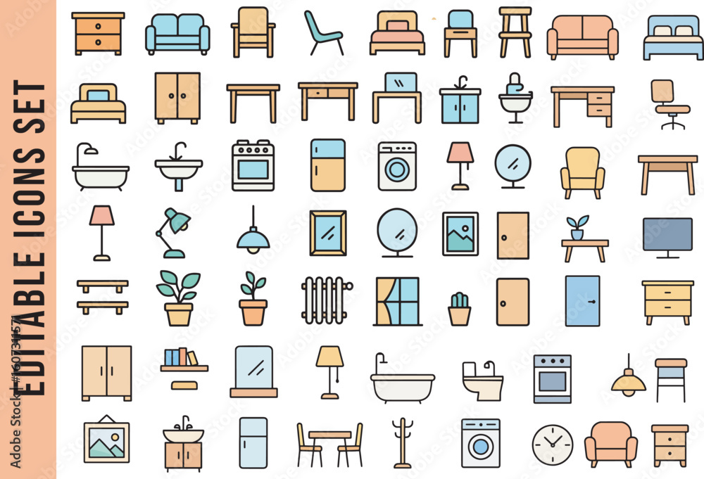 Fototapeta premium Editable Color Icon Set of Furniture and Home Interior Items