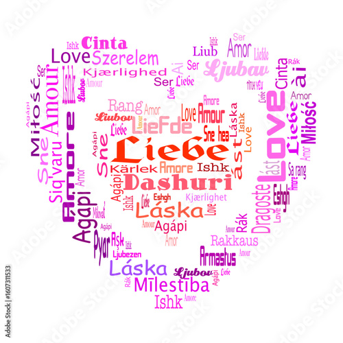 Word cloud with the word love in different languages (for example: liebe, love, amor, amour, amore, Agápi) on a transparent background. Different shades of red, purple and pink