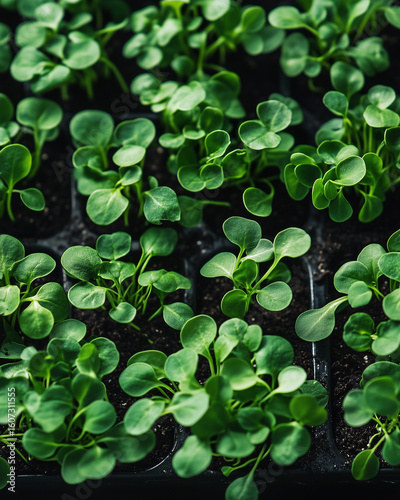 Top-down view of a tray filled with vibrant arugula microgreens. Bright green leaves contrast beautifully against the dark soil.