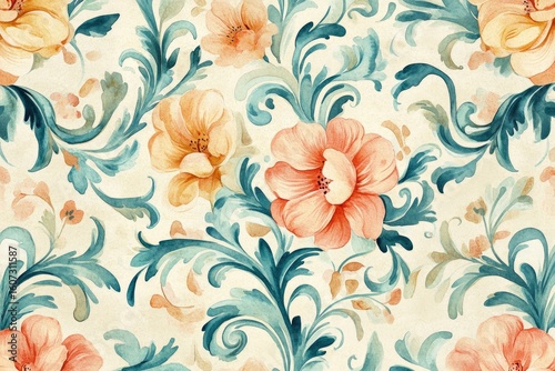 Floral baroque pattern on a cream background.  Delicate, muted colors of peach, coral, teal, and cream.  Intricate scrolls and leaves