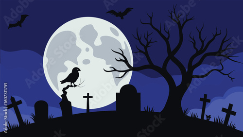 Spooky Halloween Night Background with Graveyard, Full Moon, and Ghost