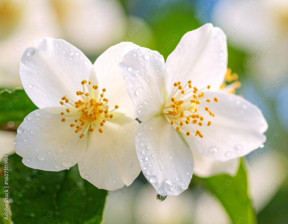 Obraz premium Close-up of Two White Jasmine Flowers with Water Droplets and Yellow Stamens