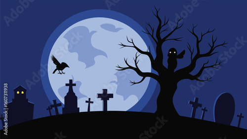 Spooky Halloween Night Background with Graveyard, Full Moon, and Ghost