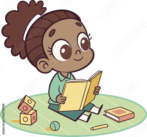 A little girl reading a book with deep focus, representing love for learning, imagination, and childhood literacy.