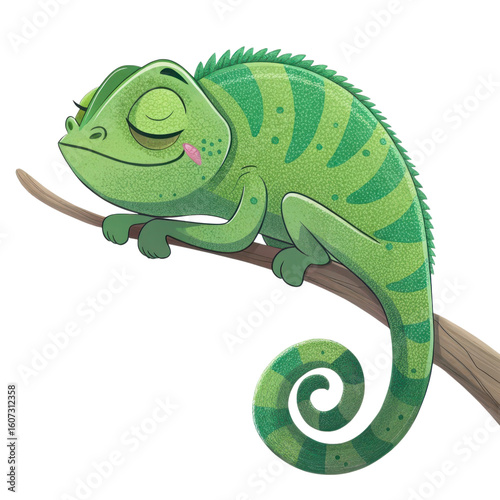 Cute green chameleon resting on a branch isolated on transparent background isolated on white background