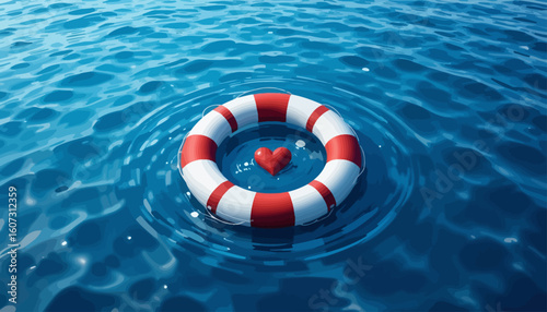 Vector art of a red heart floats inside a lifebuoy in the blue sea