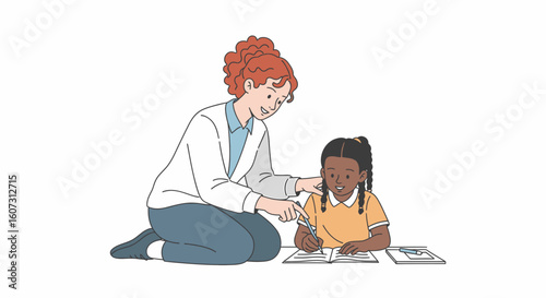 Teacher patiently guides young student during a lesson, fostering learning and support.