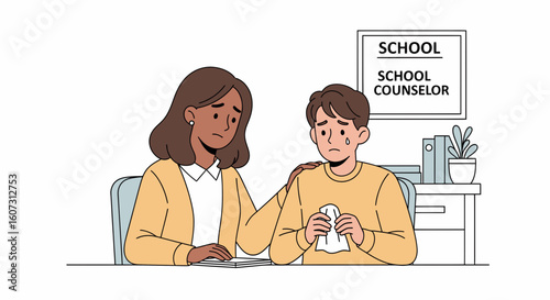 School counselor comforting a distraught student in her office.