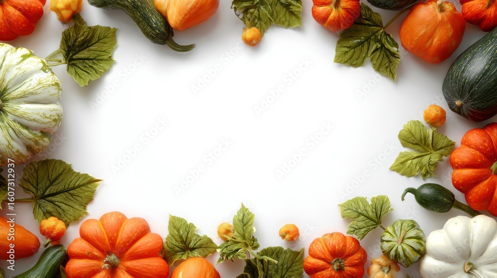 Obraz premium Autumn-themed frame with various-sized orange and white pumpkins and green leaves. White center provides space for text, logo, or slogan. Perfect for Thanksgiving, Halloween