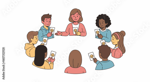 A group of children and a teacher are seated in a circle, engaged in a card game or similar activity.