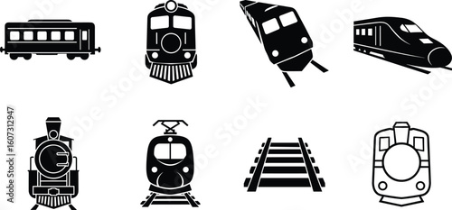 Set of diverse train and railway icons in black silhouette on a white background representing transportation and travel