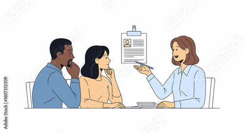 Job interview:  A recruiter discusses a candidate's resume with a couple.