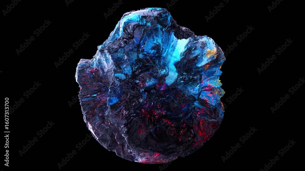 3d render of abstract art video animation of surreal damaged stone metal mineral rock asteroid planet with rough grunge texture with neon glowing red and blue mix color parts on black background