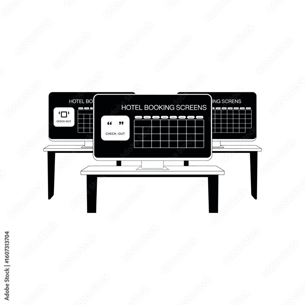 Fototapeta premium Three computer screens displaying hotel booking calendar and check out vector